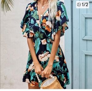 SHEIN Black and Orange Floral Mini Dress